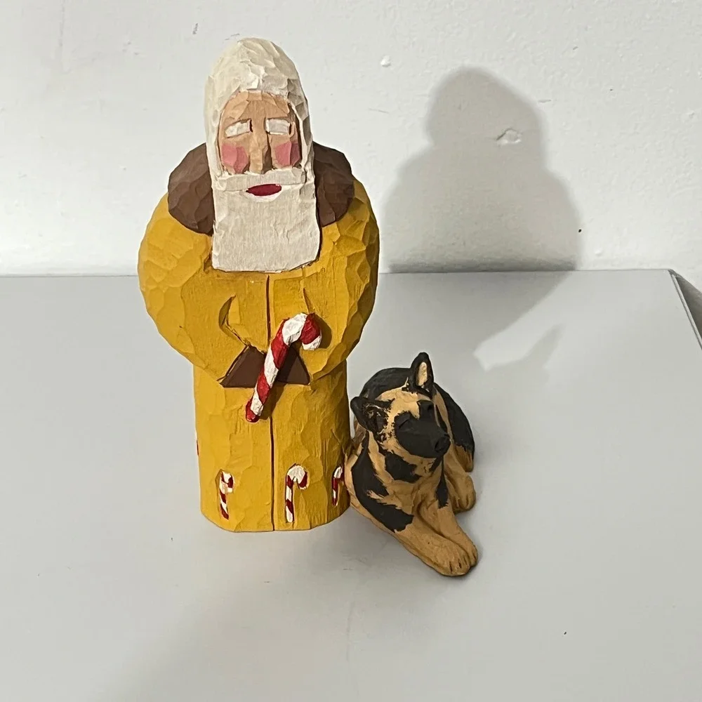 Gunther Lanky Santa Figurine with German Shepherd Yellow Wood Folk Art 6.5